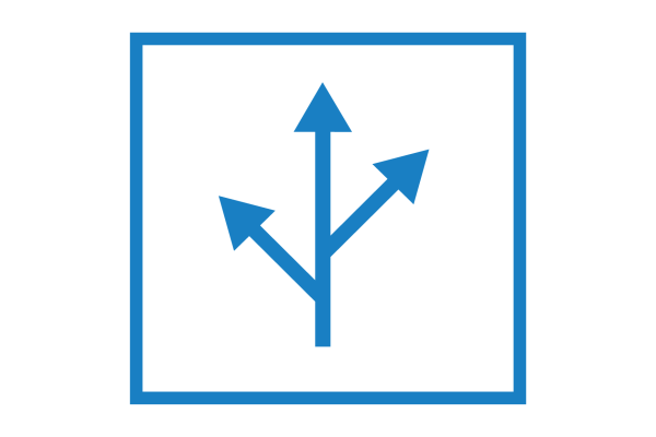 Cubiks' Simulations Icon in blue of box with path branching into three direction arrows in center